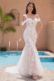 White Mermaid Off the Shoulder Sweep Train Bridal Dress with Applique Lace