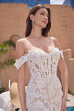 White Mermaid Off the Shoulder Sweep Train Bridal Dress with Applique Lace