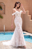 White Mermaid Off the Shoulder Sweep Train Bridal Dress with Applique Lace