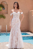 White Mermaid Off the Shoulder Sweep Train Bridal Dress with Applique Lace