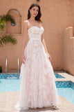 White A Line Sweetheart Sweep Train Corset Ruffle Wedding Dress with Applique Lace