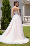 Sparkly White A Line Sweetheart Long Wedding Dress with Applique Lace