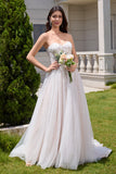 Sparkly White A Line Sweetheart Long Wedding Dress with Applique Lace