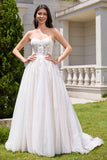 Sparkly White A Line Sweetheart Long Wedding Dress with Applique Lace