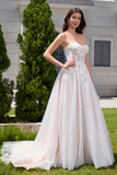 Sparkly White A Line Sweetheart Long Wedding Dress with Applique Lace