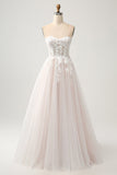 White A Line Sweetheart Sparkly Wedding Dress with Applique Lace