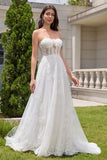 Princess White A-Line Lace Up Tulle Corset Bridal Dress with Appliques Lace