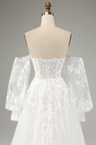 White A Line Tulle Long Sleeves Wedding Dress with Appliques Lace