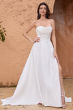 Elegant A Line Strapless Pleated Sweep Train White Wedding Dress With Slit