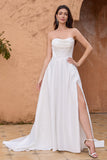 Elegant A Line Strapless Pleated Sweep Train White Wedding Dress With Slit