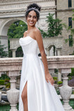 Elegant White A Line Strapless Pleated Sweep Train Corset Wedding Dress With Slit