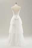 White Strapless Corset Tiered Long Wedding Dress