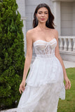 Elegant White Strapless Corset Tiered Long Bridal Party Dress with Lace