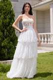 Elegant White Strapless Corset Tiered Long Bridal Party Dress with Lace