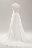 White Spaghetti Straps Satin Sweep Train Wedding Dress with Slit