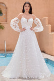 A Line Sweetheart Applique Lace White Wedding Dress with Detachable Sleeves