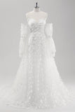 White A Line Sweetheart Applique Lace Wedding Dress with Detachable Sleeves