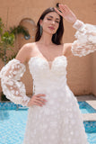 A Line Sweetheart Applique Lace White Wedding Dress with Detachable Sleeves