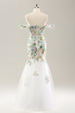 White Mermaid Off the Shoulder Flowers Corset Bridal Dress