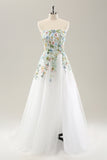 White A Line Strapless Tulle Long Slit Wedding Dress with 3D Flowers