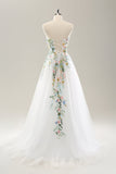 White A Line Strapless Tulle Long Slit Wedding Dress with 3D Flowers