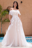 White A Line Off the Shoulder Tulle Lace Bridal Party Dress with Embroidery