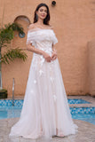 White A Line Off the Shoulder Tulle Lace Bridal Party Dress with Embroidery