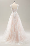 White A Line Off the Shoulder Tulle Wedding Dress with Applique Lace