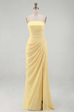 Light Pink Strapless Sheath Ruched Long Prom Dress with Slit