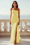 Ruched Strapless Chiffon Ivory Beach Engagement Dress with Slit