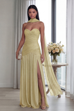 Dusty Sage Strapless A Line Pleated Long Formal Dress with Slit