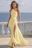 Ivory One Shoulder Ruched Maxi Beach Engagement Dress with Slit