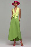 Orange And Fuchsia Colorblock V Neck A Line Formal Dress