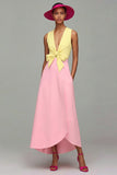 Orange And Fuchsia Colorblock V Neck A Line Formal Dress