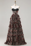 Brown Leopard A-Line Sweetheart Corset Tiered Long Prom Dress with Ruffles