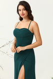 Dark Green Spaghetti Straps Wedding Guest Dress with Slit