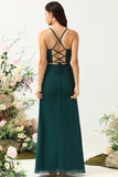 Dark Green Spaghetti Straps Wedding Guest Dress with Slit