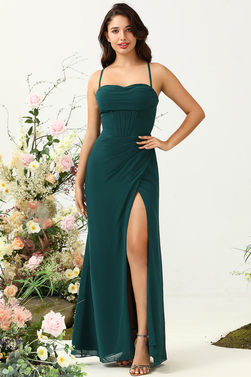Load image into Gallery viewer, Dark Green Spaghetti Straps Wedding Guest Dress with Slit