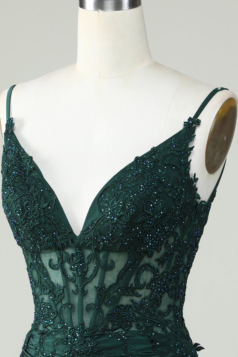 Load image into Gallery viewer, Spaghetti Straps Dark Green Corset Party Dress with Beading
