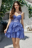 Zapaka Women Dark Blue Graduation Dress Sparkly Sequin Corset Short Party Dress with Lace Appliques