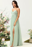 A Line Spaghetti Straps Eucalyptus Long Bridesmaid Dress with Split Front