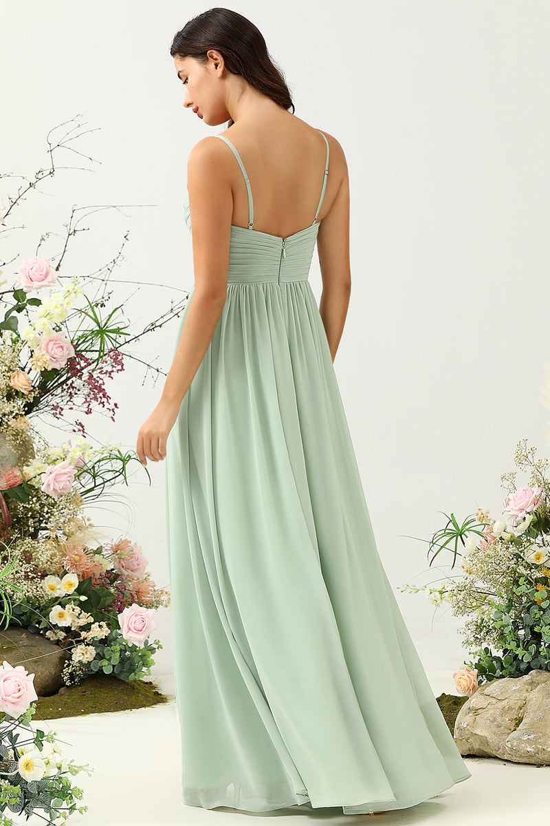 Load image into Gallery viewer, A Line Spaghetti Straps Eucalyptus Long Bridesmaid Dress with Split Front
