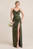 Olive Sheath Satin Maxi Bridesmaid Dress with Slit