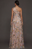 Floral Mauve One Shoulder A Line Embroidered Long Prom Dress with Slit