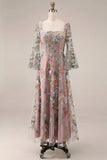 Mauve Floral A Line Embroidered Long Prom Dress with Sleeves
