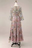 Mauve Floral A Line Embroidered Long Prom Dress with Sleeves