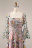 Mauve Floral A Line Embroidered Long Prom Dress with Sleeves