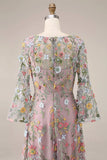 Mauve Floral A Line Embroidered Long Prom Dress with Sleeves