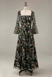 Mauve Floral A Line Embroidered Long Prom Dress with Sleeves