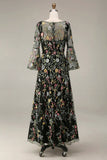 Mauve Floral A Line Embroidered Long Prom Dress with Sleeves